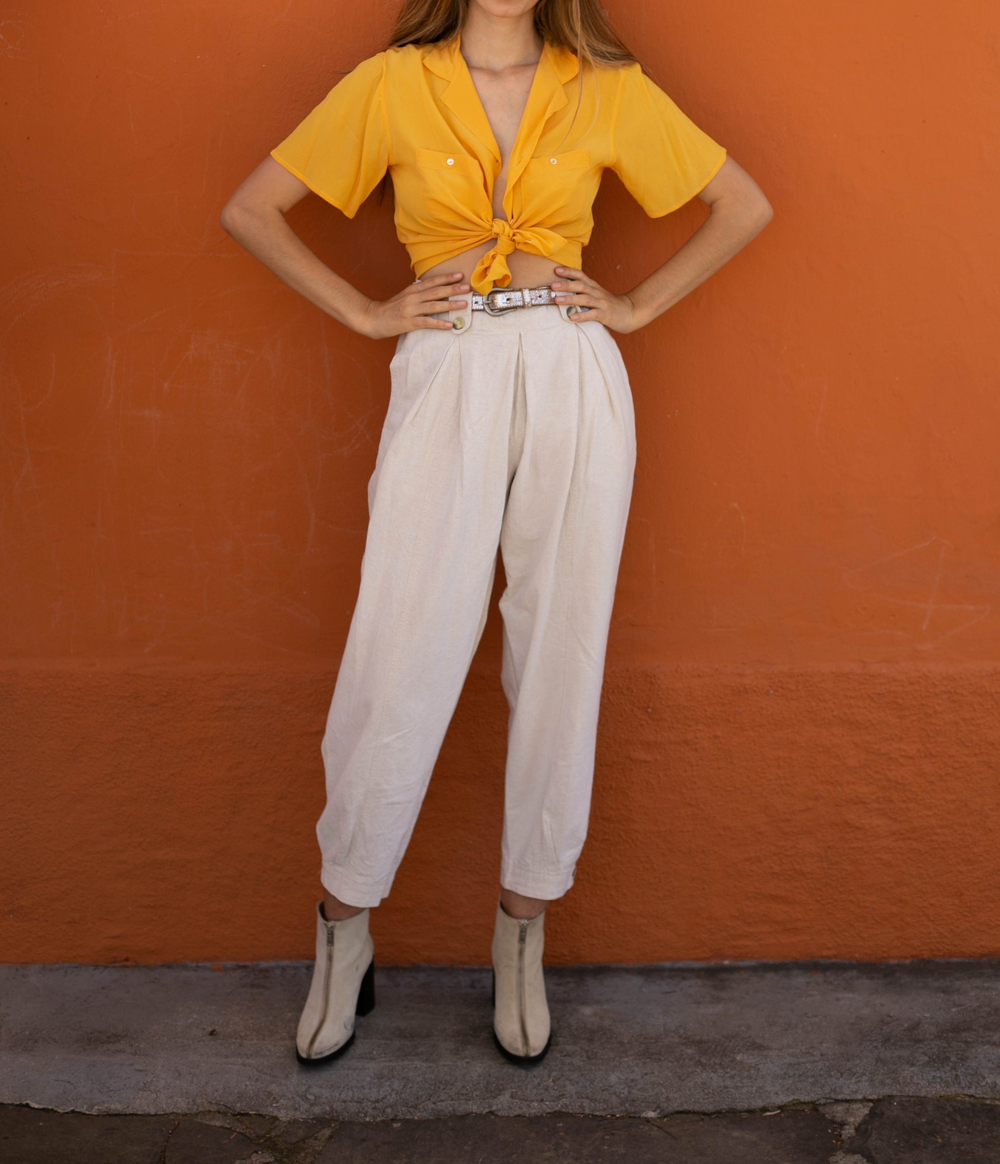 Silk vintage woman blouse in a curry yellow colour, Lightweight summer blouse, short sleeve shirt, Vintage clothing,