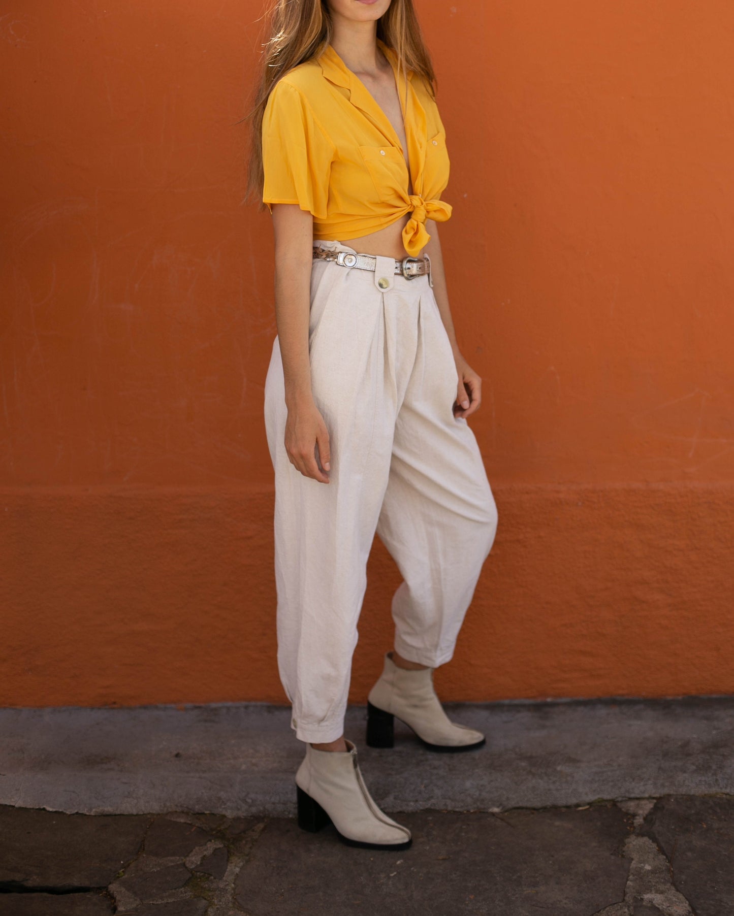 Silk vintage woman blouse in a curry yellow colour, Lightweight summer blouse, short sleeve shirt, Vintage clothing,