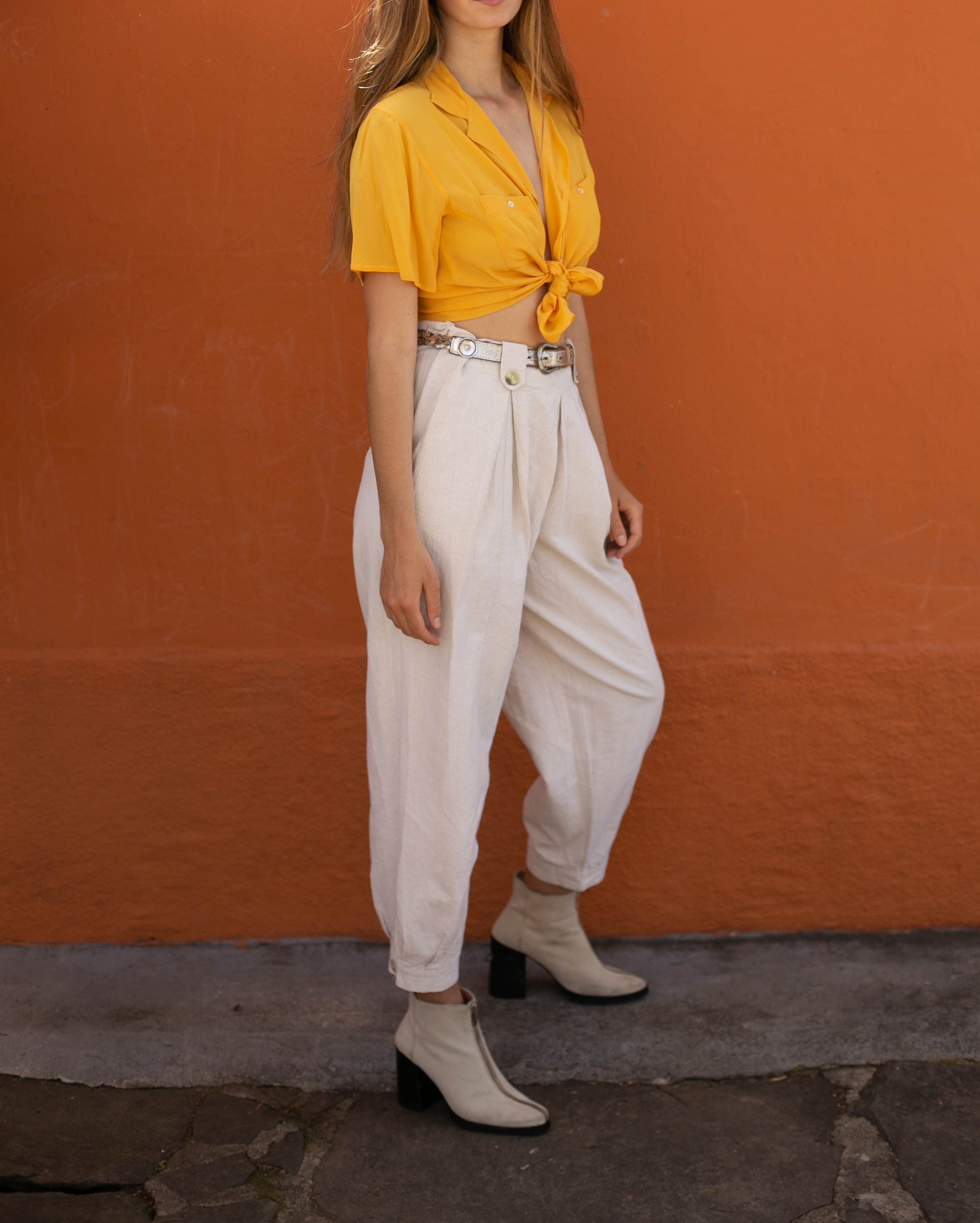 Silk vintage woman blouse in a curry yellow colour, Lightweight summer blouse, short sleeve shirt, Vintage clothing,