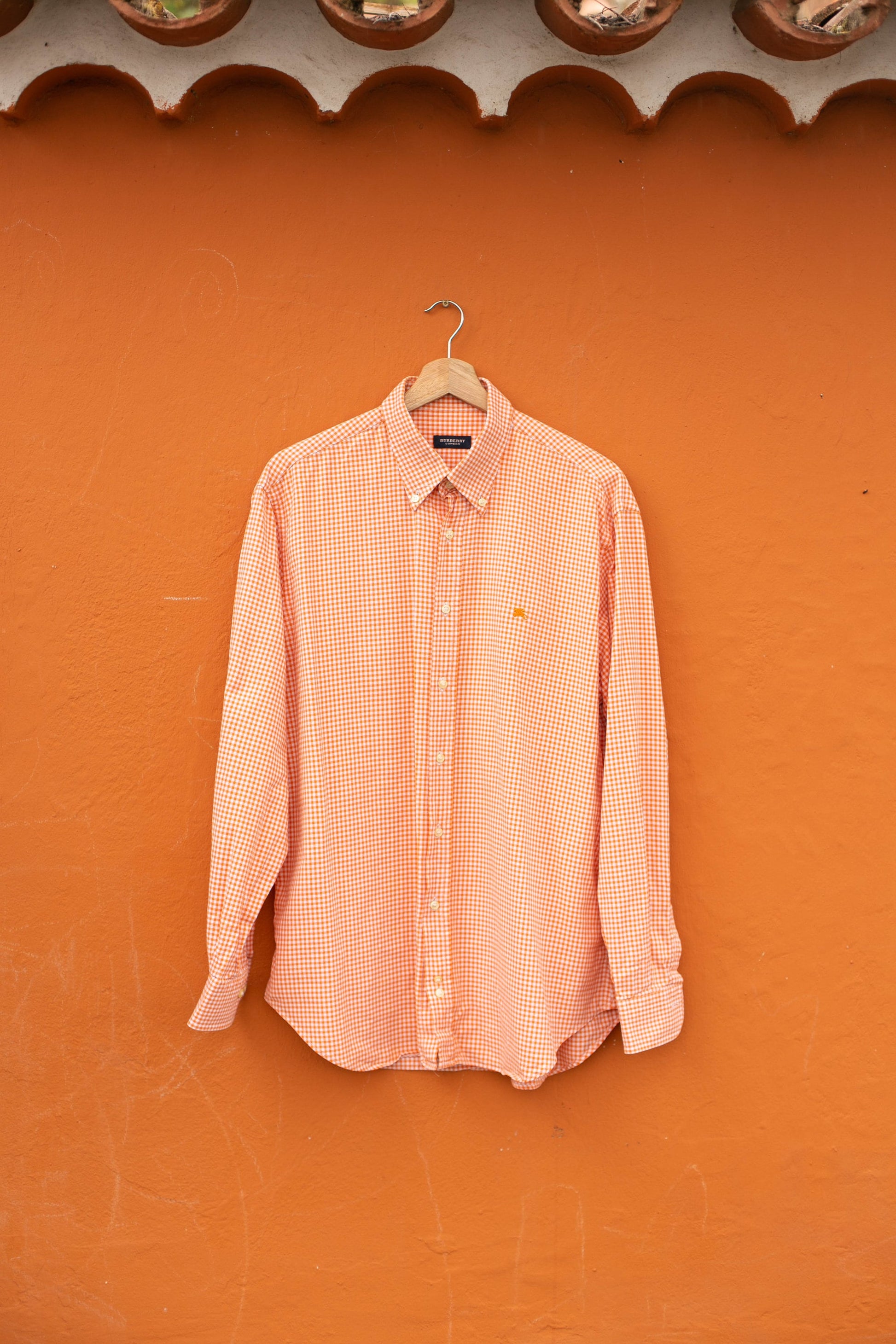 Vintage Burberry London checkered orange button up shirt, Collared long sleeve design shirt, Oxford summer blouse, US L - XXL