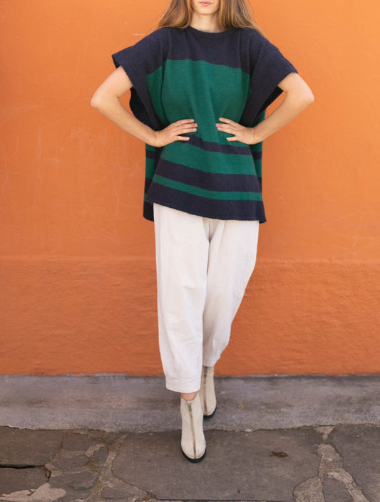 Wool poncho in navy blue and green