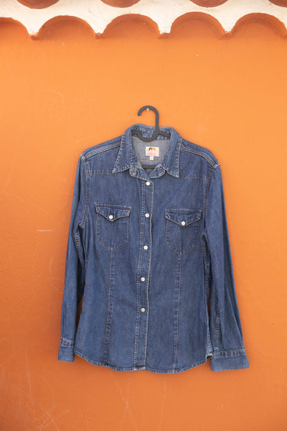 Vintage Fiorucci Dark Blue Denim Shirt — fabric close-up