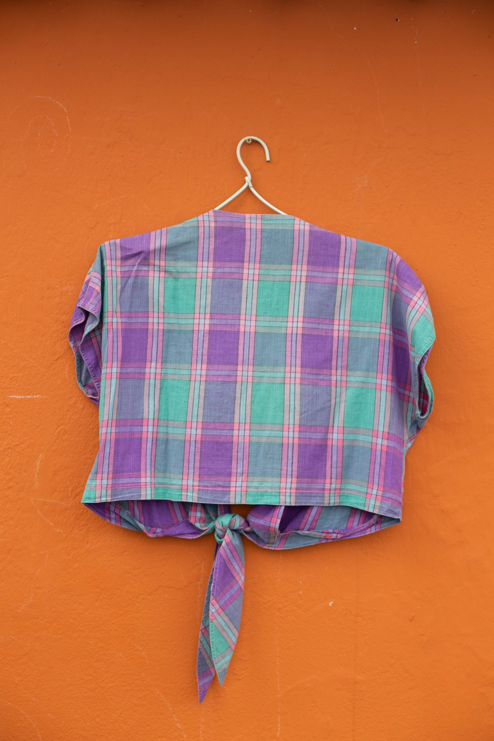 Purple green lumberjack summer blouse, Vintage plaid women's shirt, Cotton check button down shirt, Cute knot tie wrap top, S