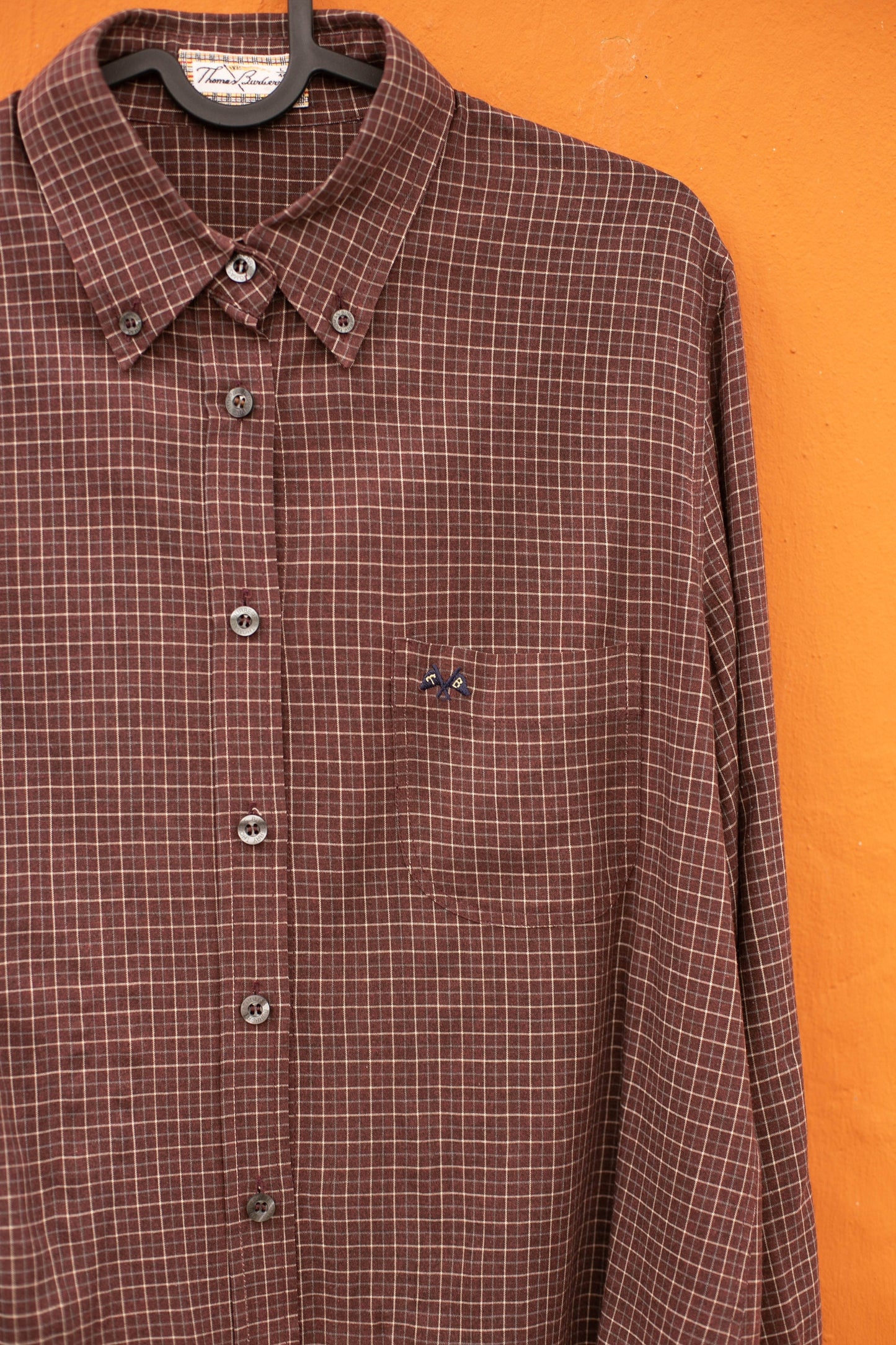 Thomas Burberry vintage plaid blouse – size L, burgundy check, logo buttons, designer button down