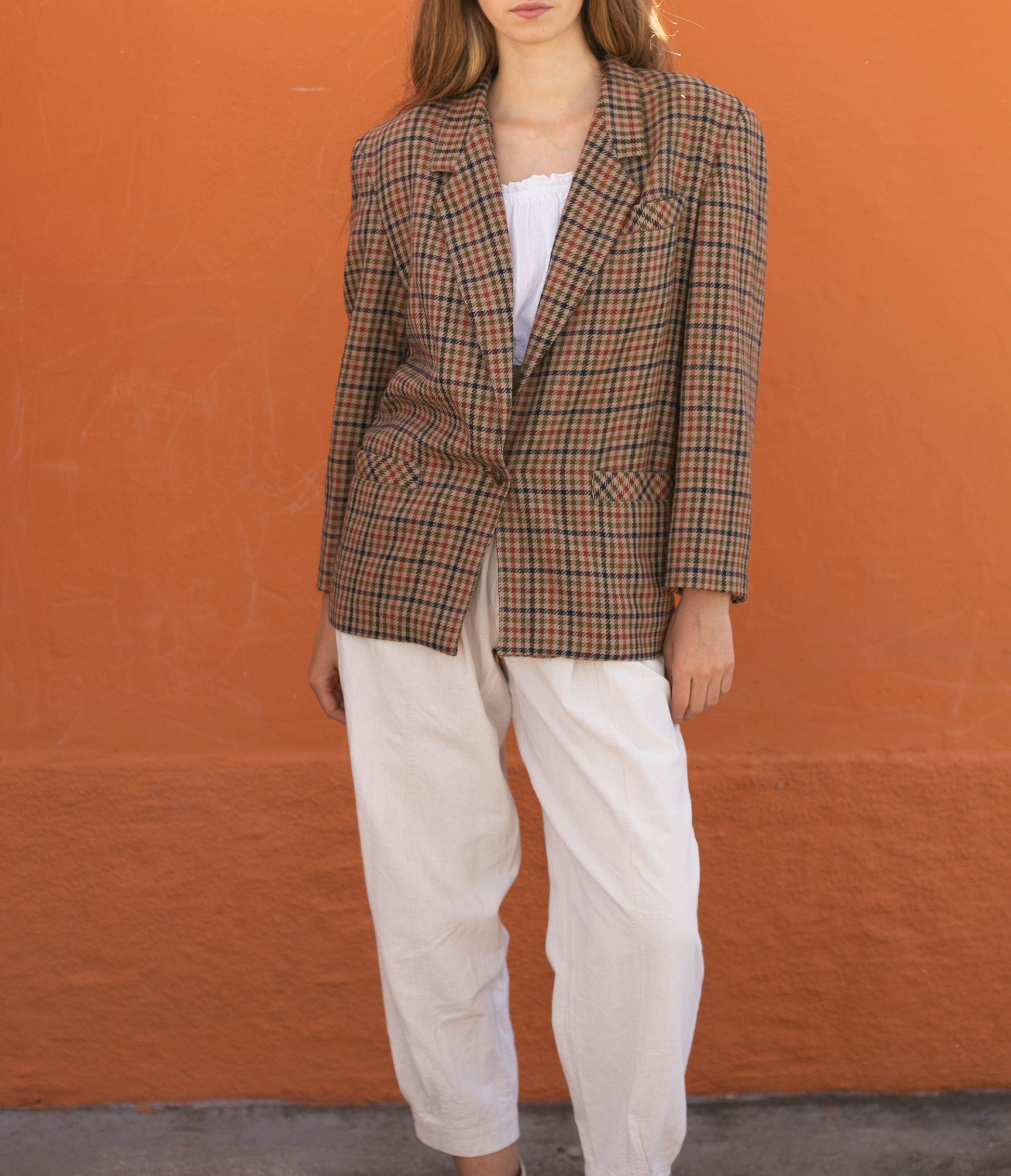 Vintage smart wool plaid women blazer