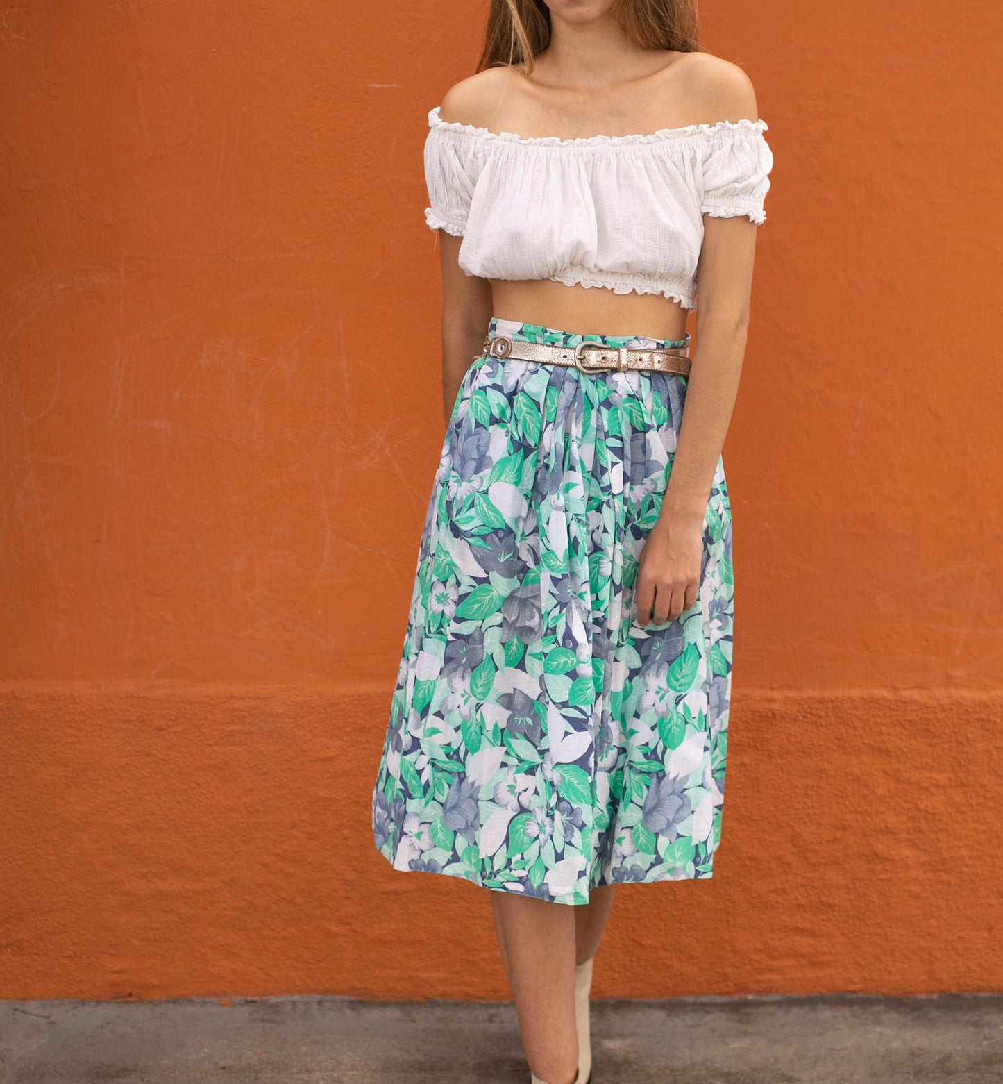 Vintage floral cotton midi skirt, Blue and green cottage core skirt, High rise summer outfit