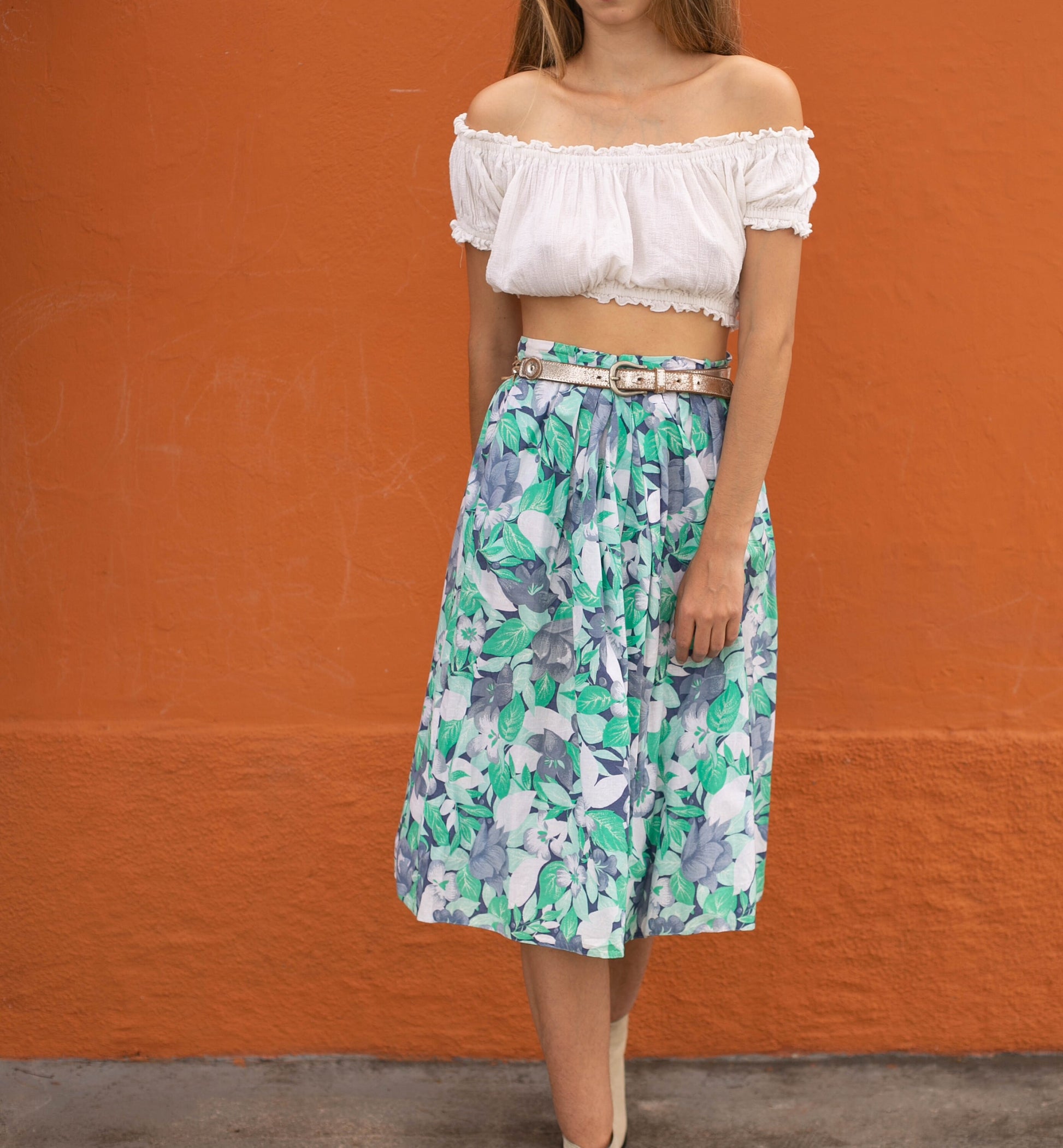 Vintage floral cotton midi skirt, Blue and green cottage core skirt, High rise summer outfit