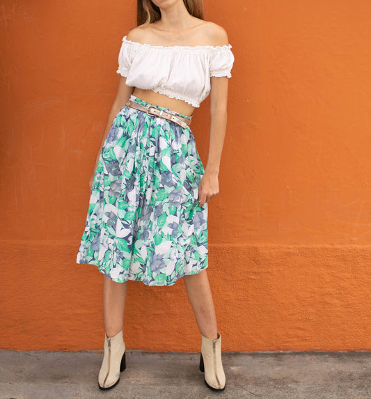 Vintage floral cotton midi skirt, Blue and green cottage core skirt, High rise summer outfit