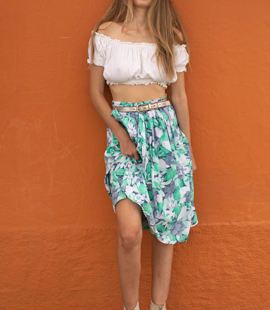 Vintage floral cotton midi skirt, Blue and green cottage core skirt, High rise summer outfit
