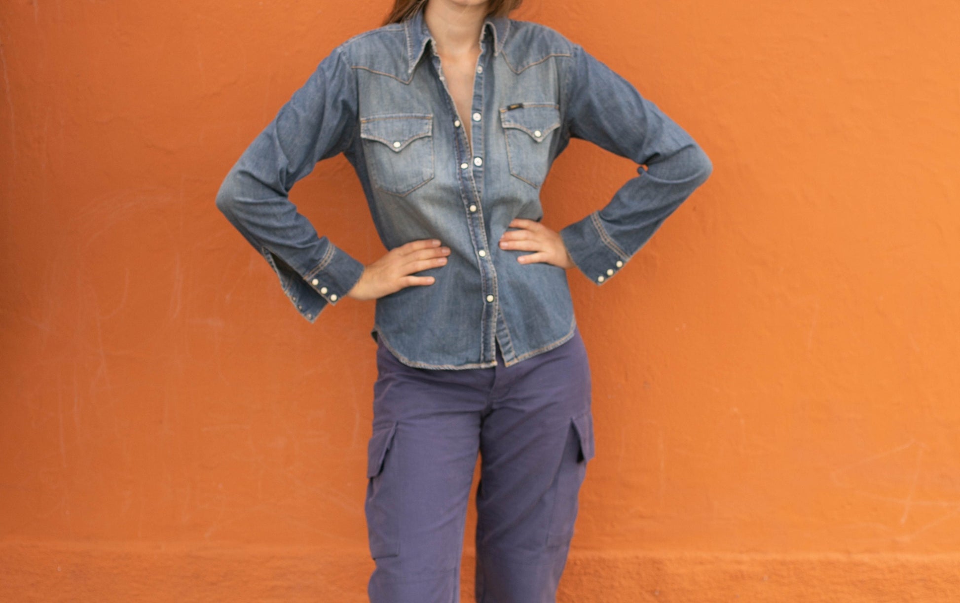 Lee Vintage button up, denim blue woman shirt, Jeans blouse, Retro aesthetic,