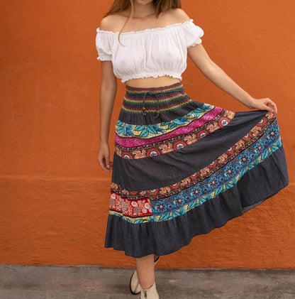 Floral Patchwork Maxi Skirt in Denim — fabric close-up