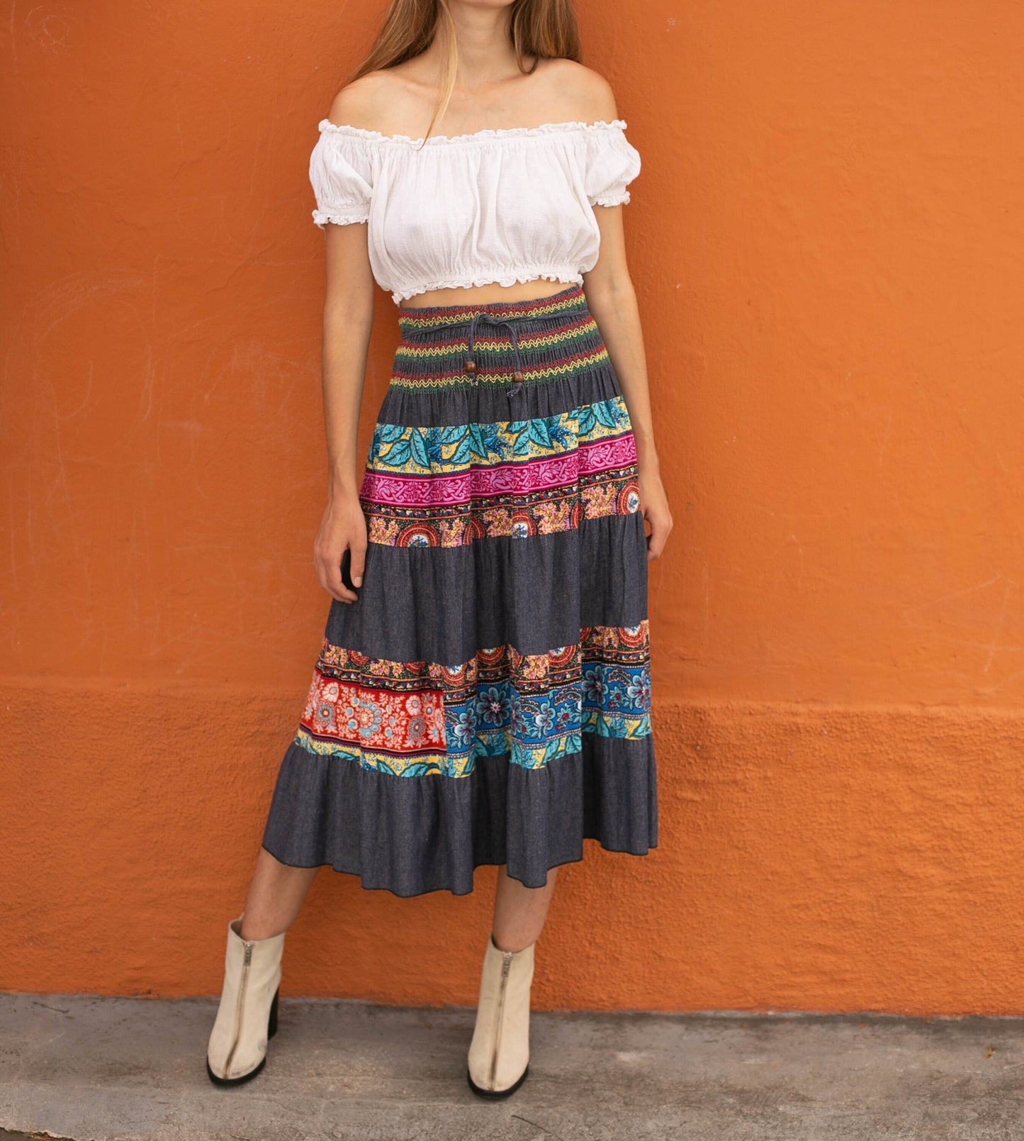 Vintage floral long skirt, Handmade patchwork skirt, Retro maxi skirt, Denim Ibiza style outfit, High waist hippie skirt