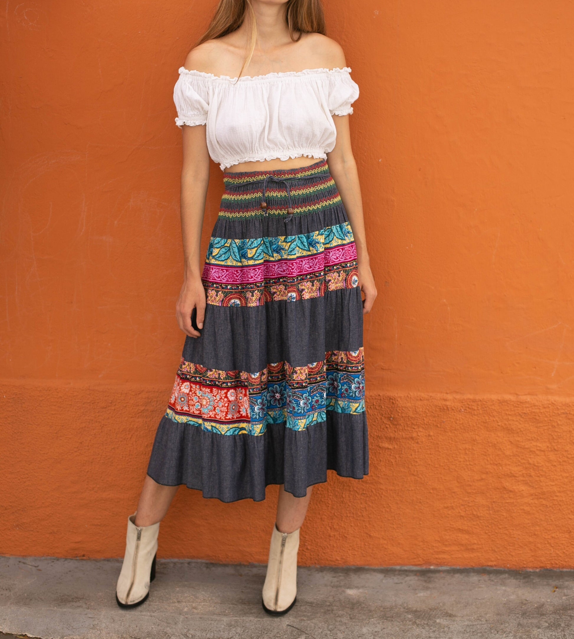 Vintage floral long skirt, Handmade patchwork skirt, Retro maxi skirt, Denim Ibiza style outfit, High waist hippie skirt