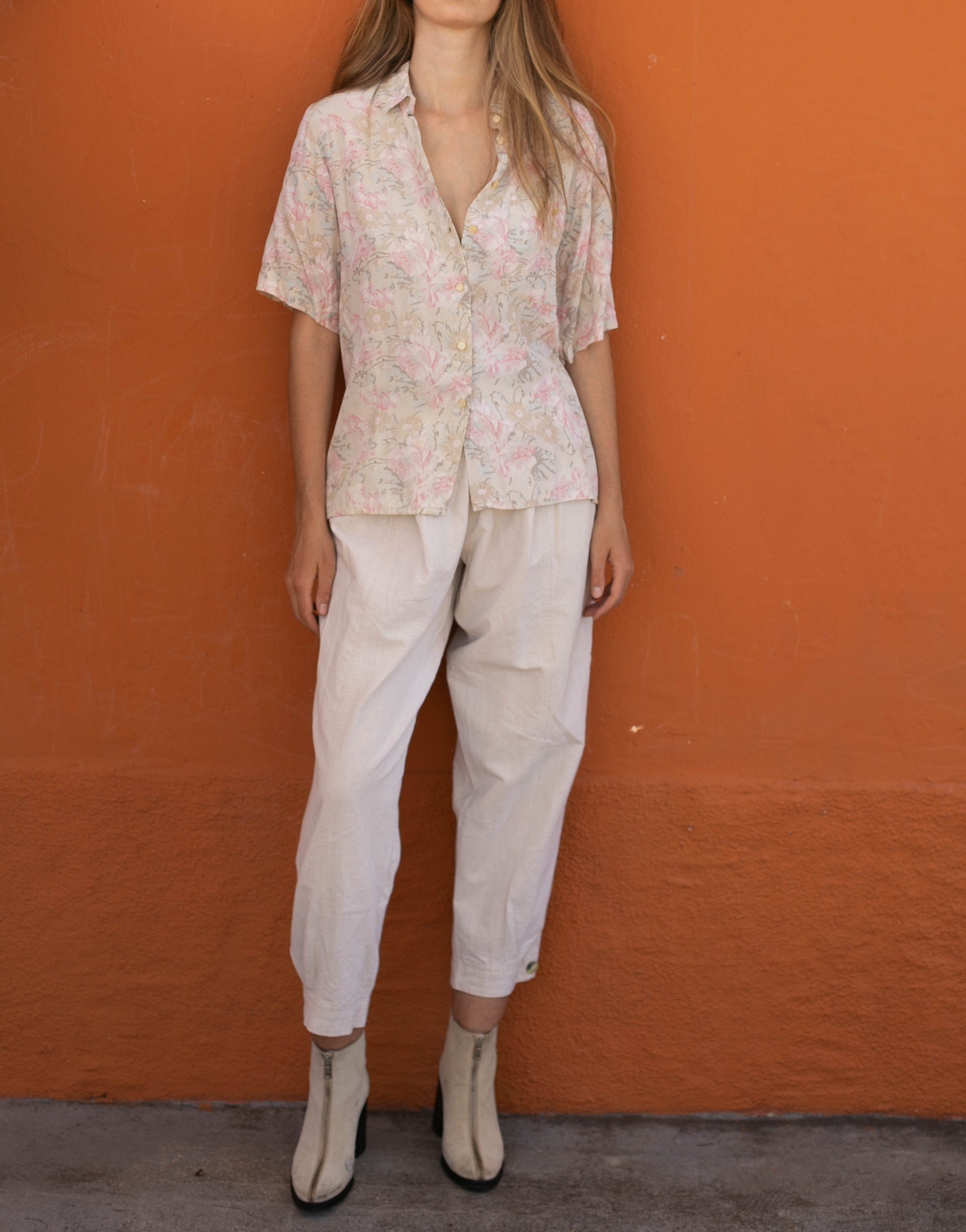 Vintage button up shirt, Oversized eggshell retro blouse, Viscose shirt art print pattern short sleeve button up women men unisex M