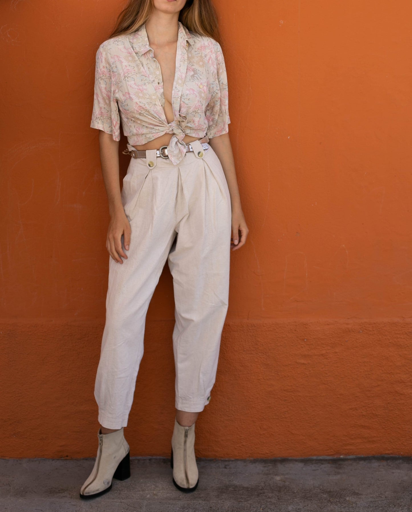 Vintage button up shirt, Oversized eggshell retro blouse, unisex M