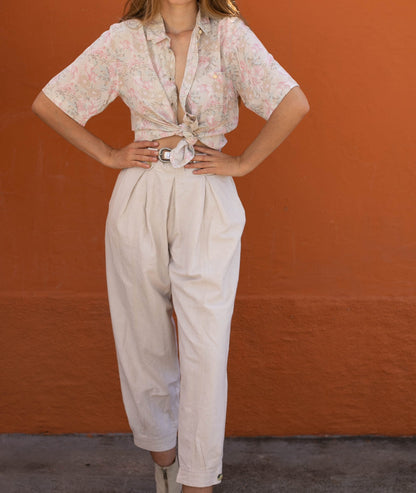 Vintage button up shirt, Oversized eggshell retro blouse, unisex M