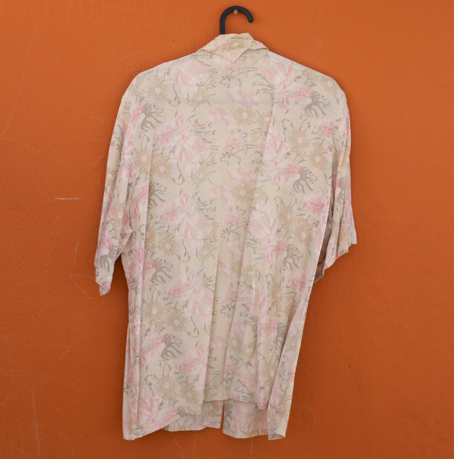 Vintage button up shirt, Oversized eggshell retro blouse, Viscose shirt art print pattern short sleeve button up women men unisex M