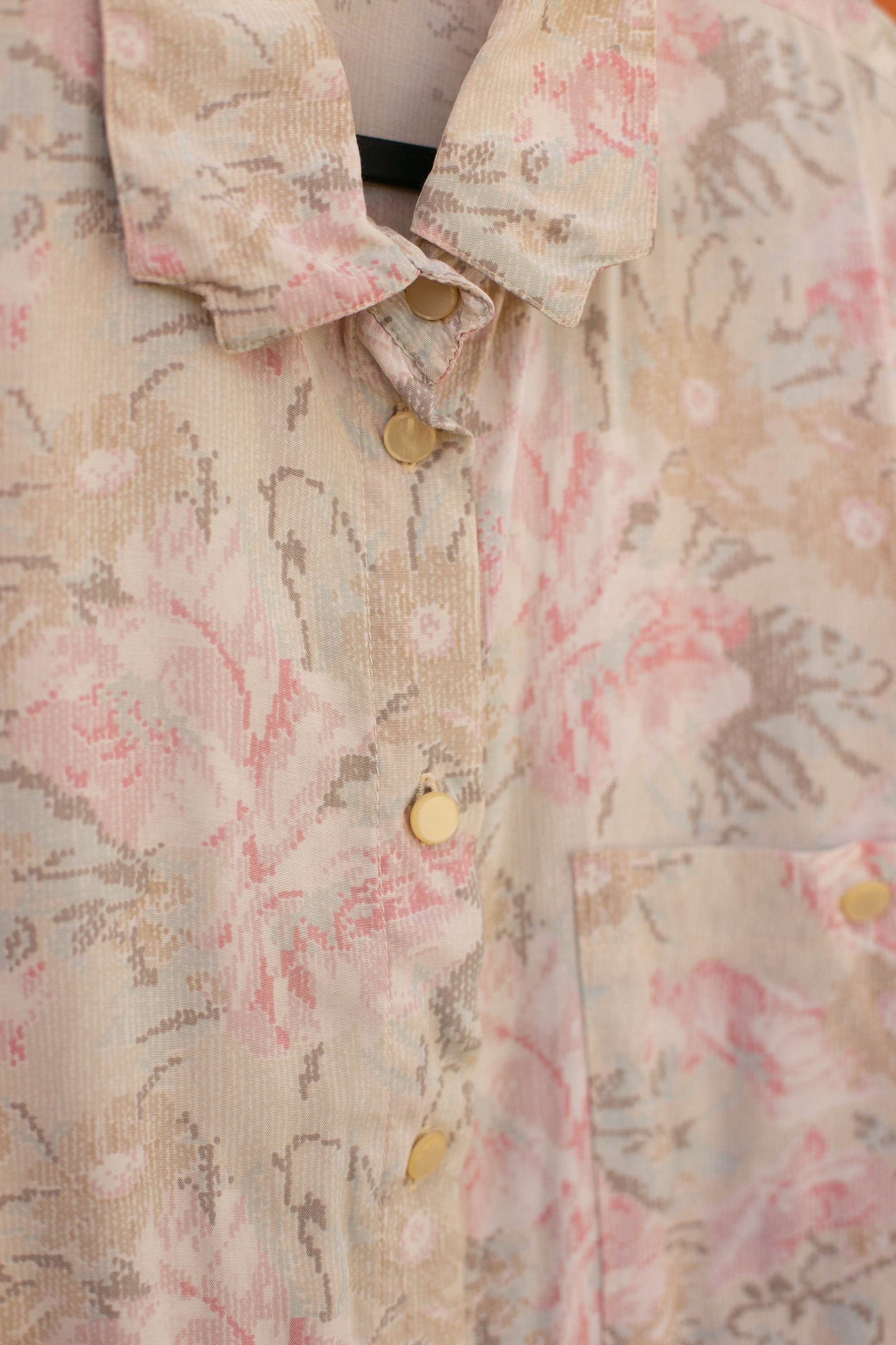 Vintage button up shirt, Oversized eggshell retro blouse, Viscose shirt art print pattern short sleeve button up women men unisex M