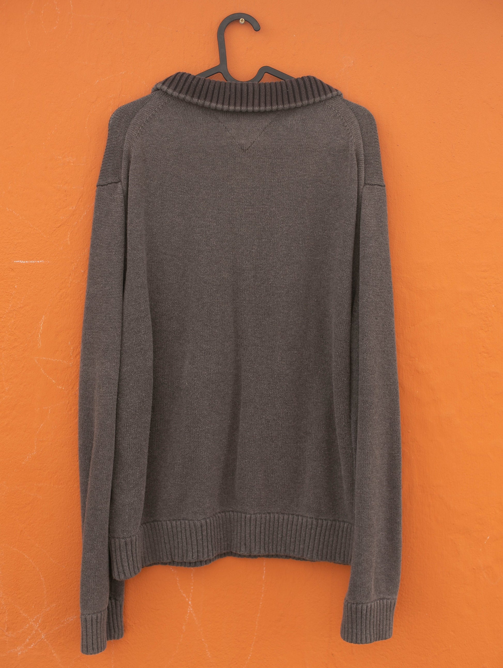 Tommy Hilfiger Quarter-Zip Sweater | Y2K Prep Brown Pullover | Unisex Vintage Logo Knit | XL Oversized Fit