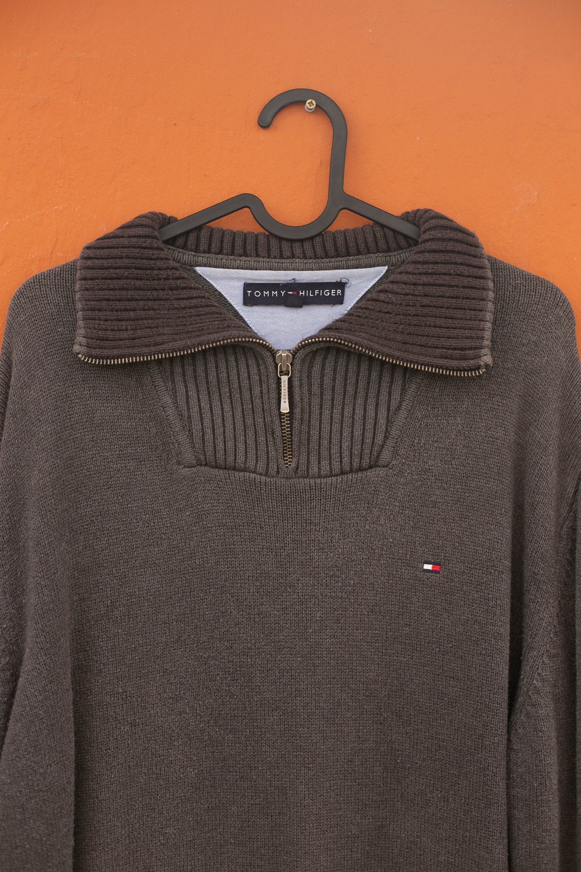 Tommy Hilfiger Quarter-Zip Sweater | Y2K Prep Brown Pullover | Unisex Vintage Logo Knit | XL Oversized Fit