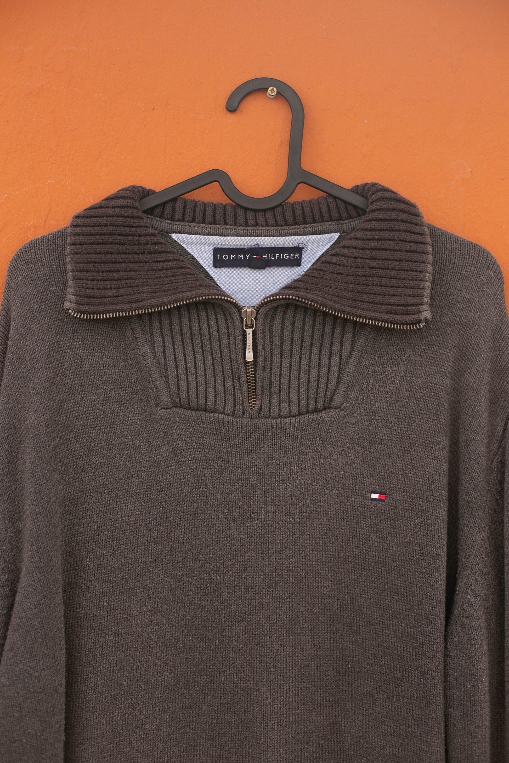 Tommy Hilfiger Quarter-Zip Sweater | Y2K Prep Brown Pullover | Unisex Vintage Logo Knit | XL Oversized Fit