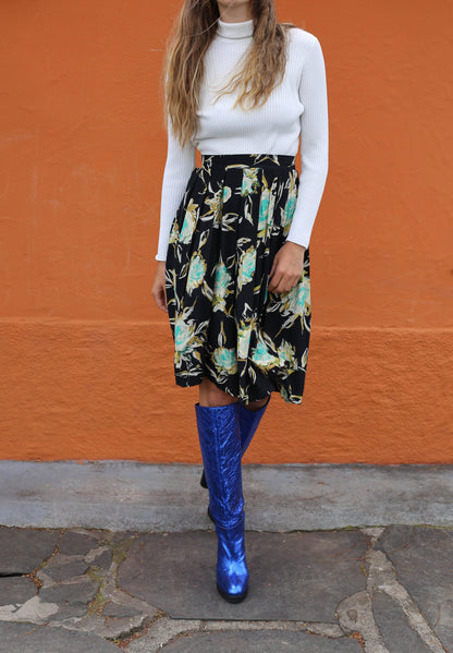 Vintage Black Floral Midi Skirt with Blue Pleats