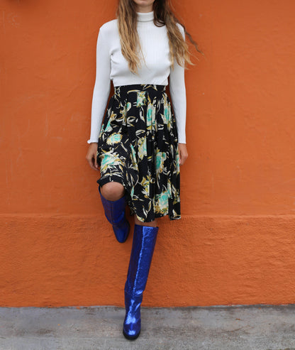 Vintage Black Floral Midi Skirt with Blue Pleats