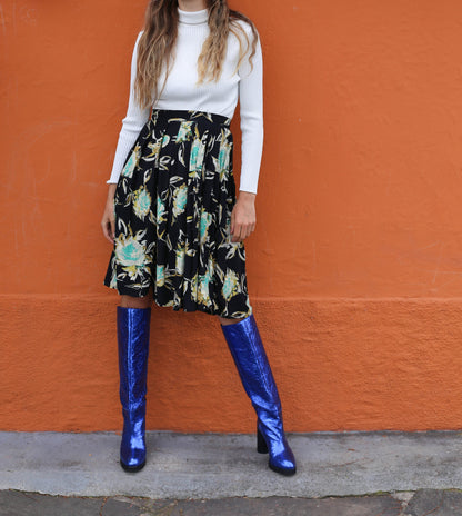 Vintage Black Floral Midi Skirt with Blue Pleats