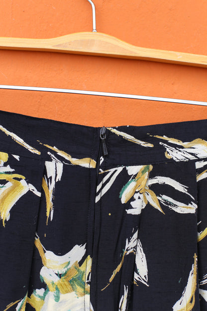 Vintage Black Floral Midi Skirt with Blue Pleats