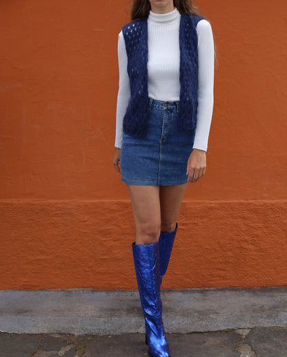Navy Blue Handknit Crochet Bolero Vest — additional view 5