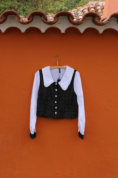 Chic Vintage Black & White Puff Sleeve Top — additional view 7