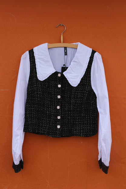 Chic Vintage Black & White Puff Sleeve Top — additional view 10