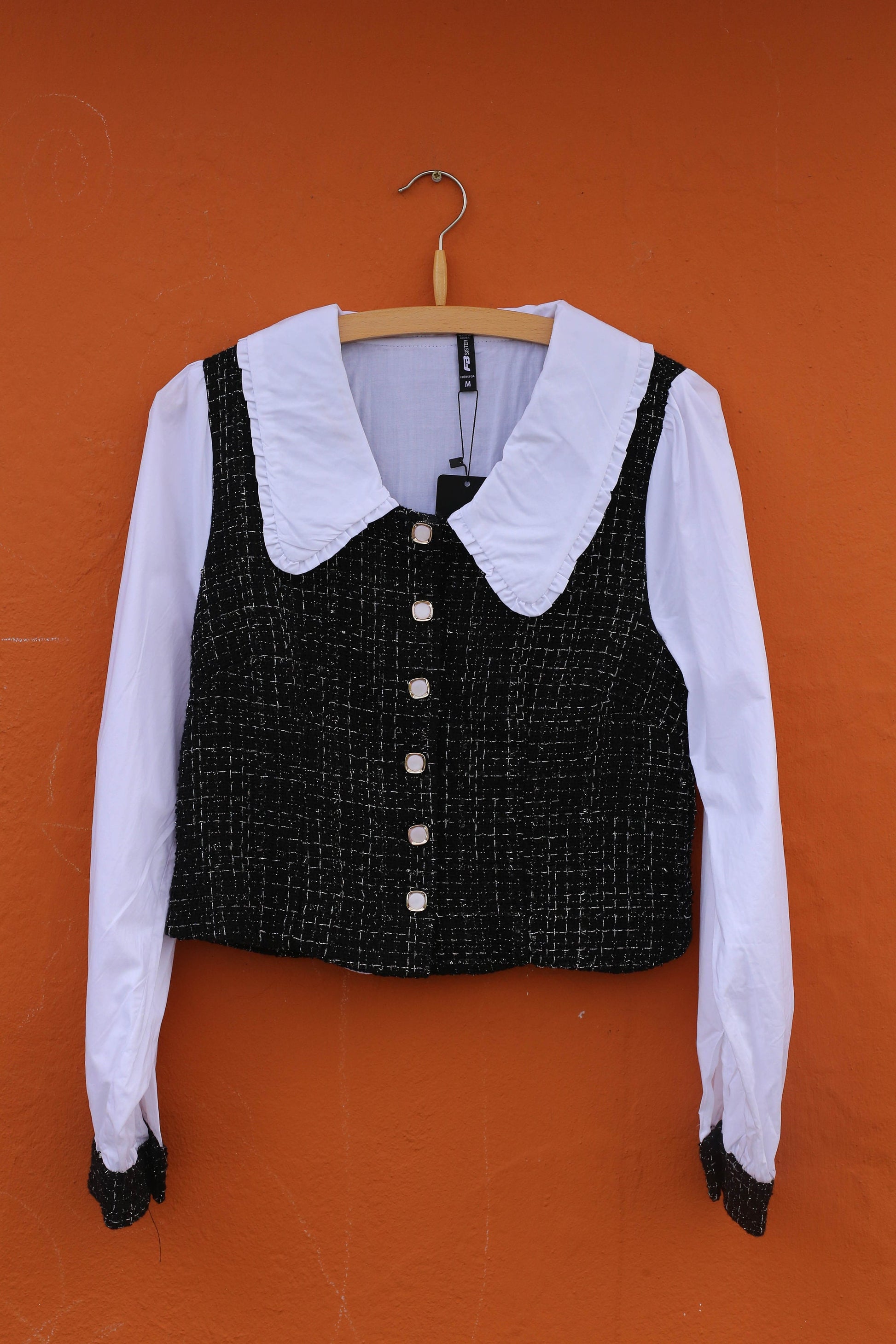 Vintage-Inspired Black & White Top, Perfect for Chic Layering, Vintage puff sleeve top