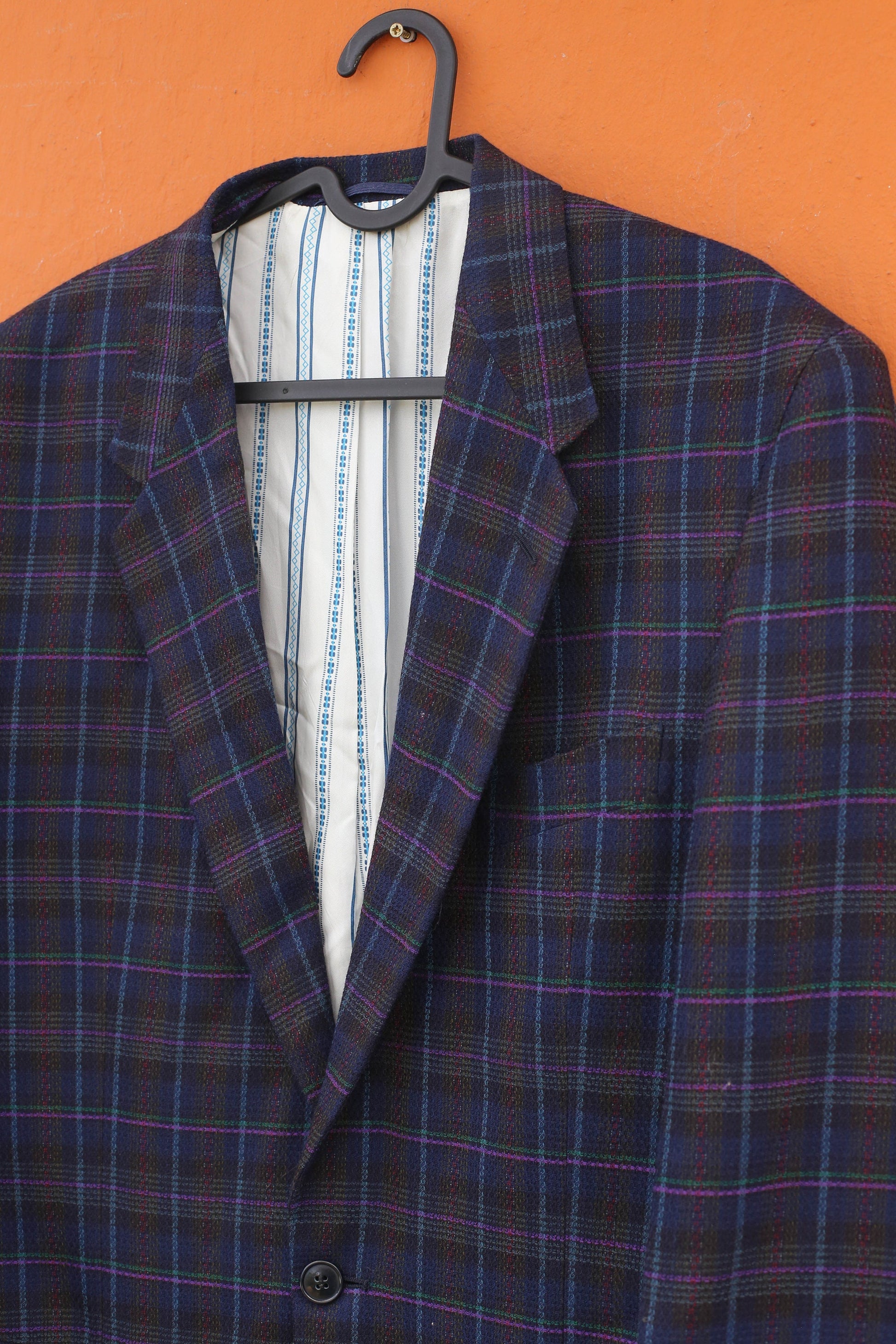 Dark academia blazer, Vintage oversized men blazer, Classic Dark Blue Plaid Virgin Wool Blazer - Timeless Vintage Elegance