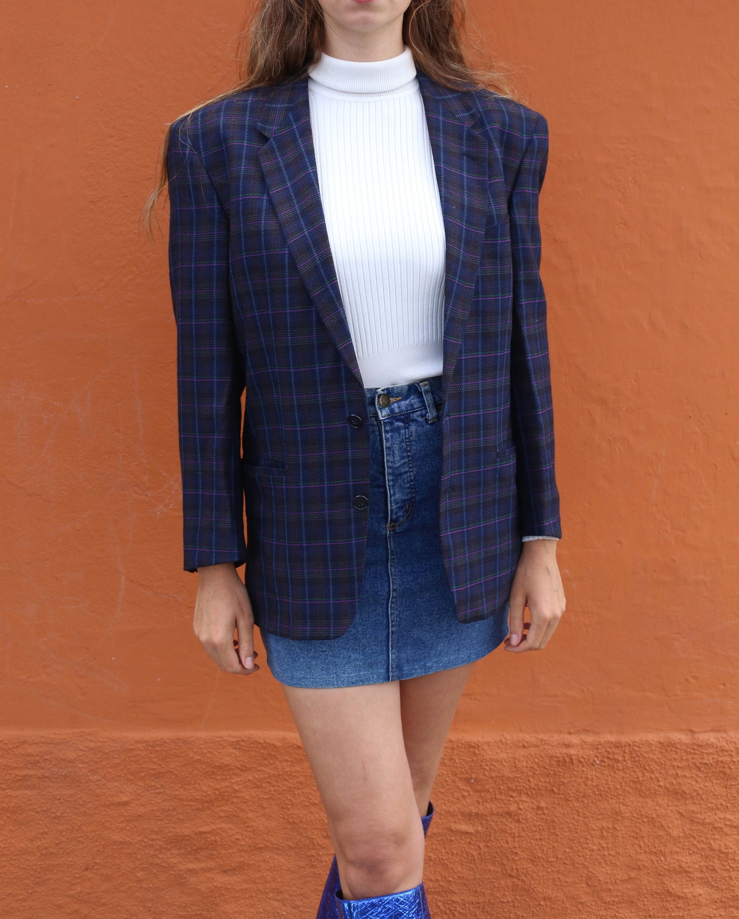 Vintage Dark Blue Plaid Wool Blazer — additional view 6