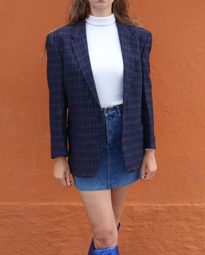 Vintage Dark Blue Plaid Wool Blazer — additional view 6