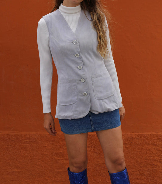 Grey long women gilet, Sleeveless jacket, Vintage 80s waistcoat, Retro light academia clothing