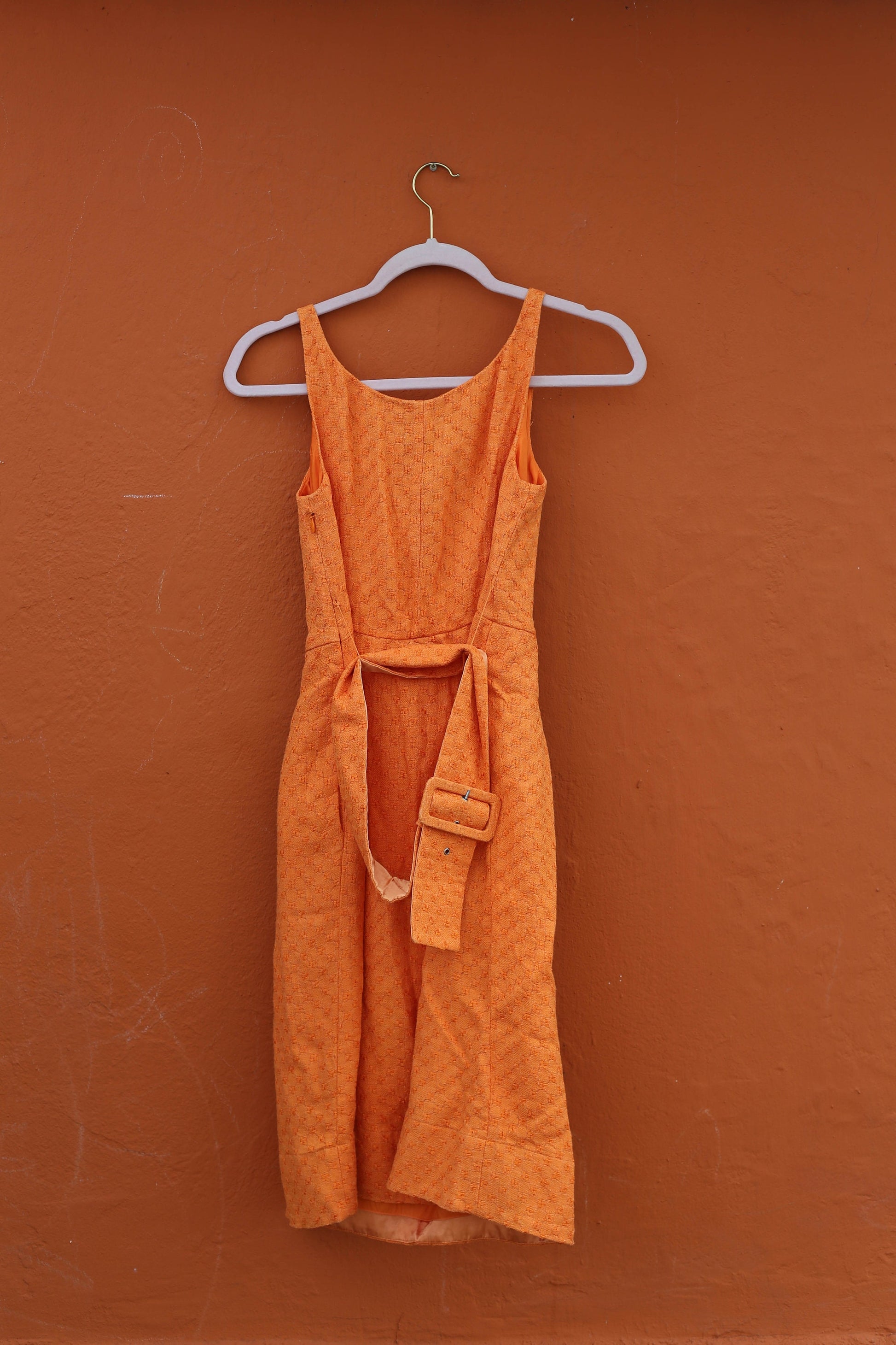 Adolfo Dominguez Orange Summer Dress, Vintage designer cocktail dress, Textured statement dress with Belt, 80s Vintage Charm