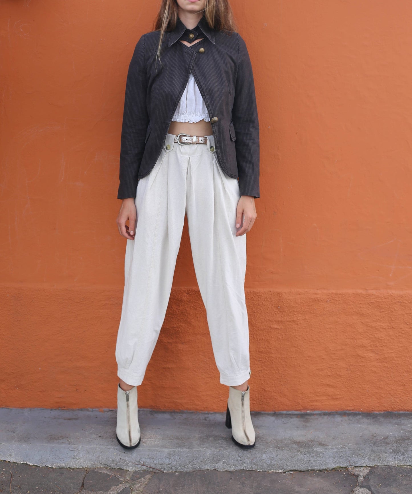 Vintage DRYKORN Brown Pinstripe Blazer XS - Cropped Cotton Jacket with Fitted Silhouette & Statement Buttons for Trendy Stylish Look