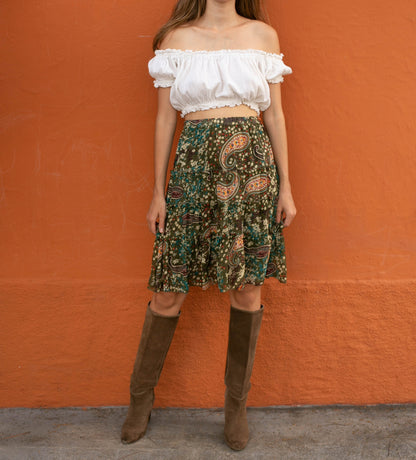 Boho Chic Vintage Paisley Silk Midi Skirt — fabric close-up