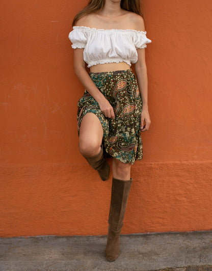 Boho Chic Vintage Paisley Silk Midi Skirt — detail
