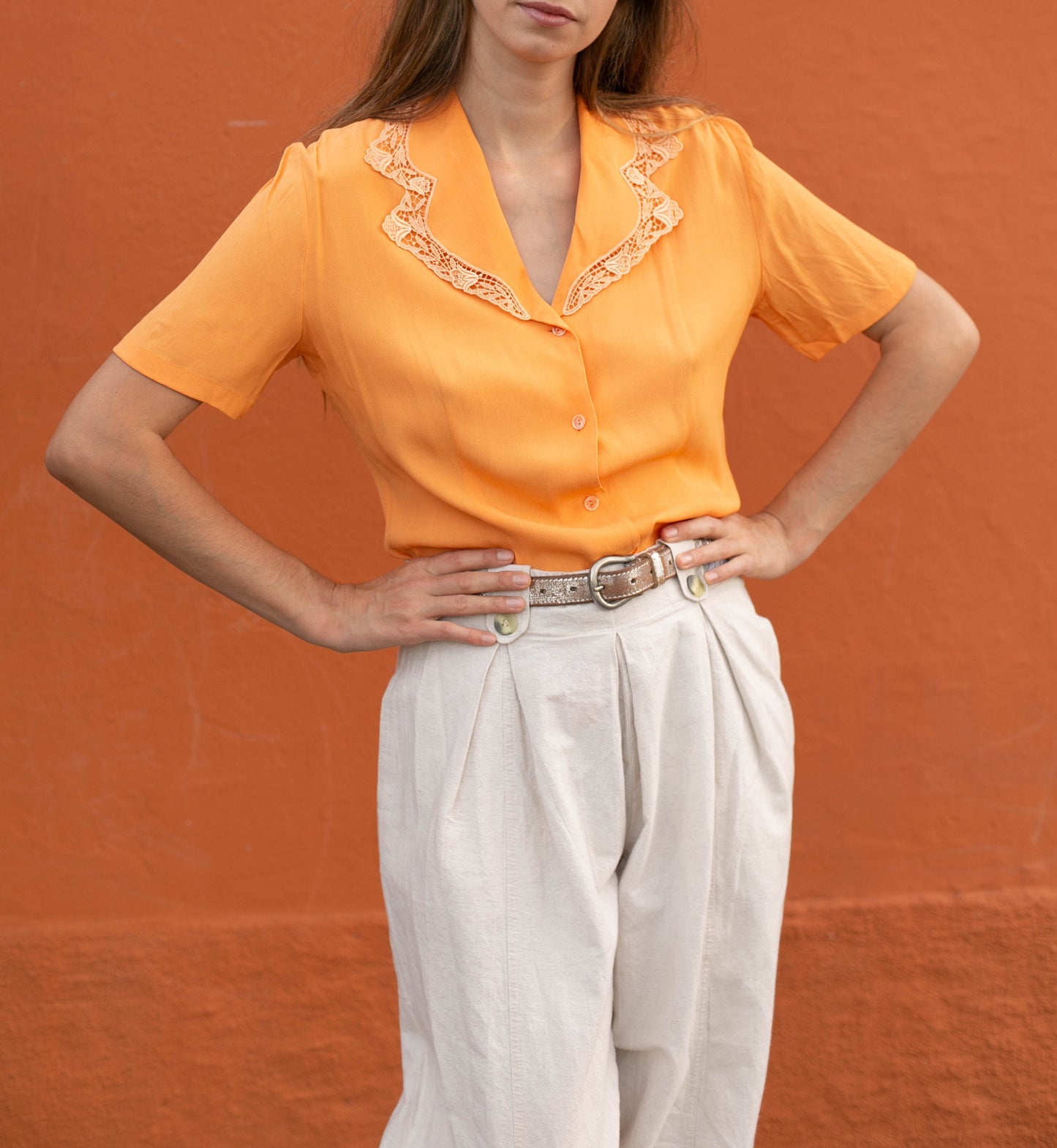 Vintage tangerine orange woman blouse, 70s blouse, Secretary blouse, Summer shirt, Elegant Blouse with Lace Collar, Summer Chic, US 12–14