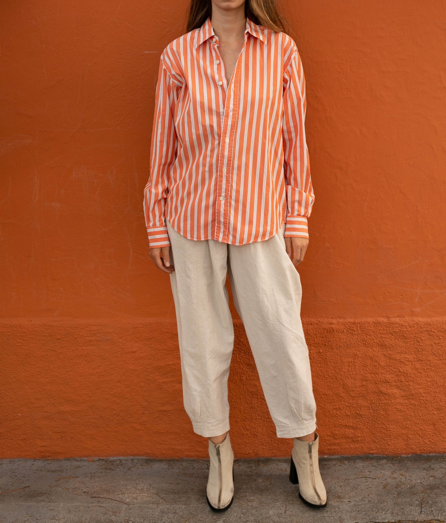 Vintage Massimo Dutti Coral Striped Shirt – Oversized Button-Up Blouse (EU 42)