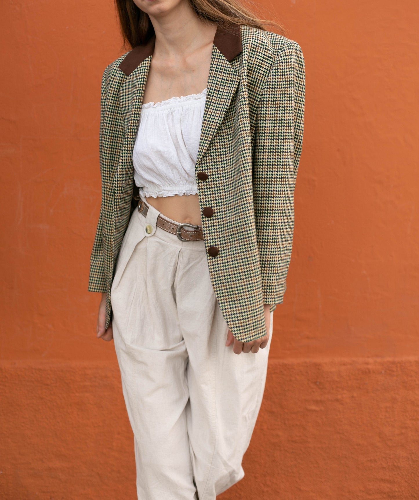 Italian Tweed Blazer with Padded Shoulders - Vintage Elegance, Oversized woman blazer, Houndstooth plaid pattern, US XL