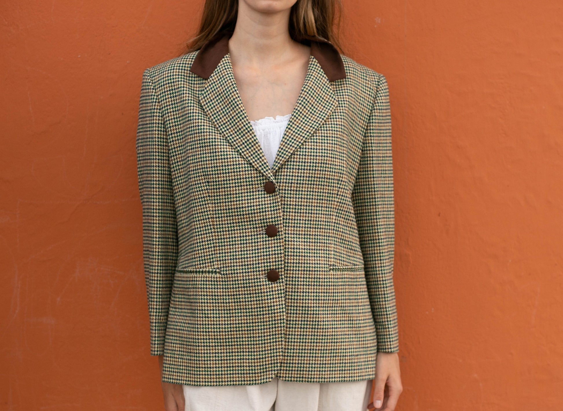 Italian Tweed Blazer with Padded Shoulders - Vintage Elegance, Oversized woman blazer, Houndstooth plaid pattern, US XL