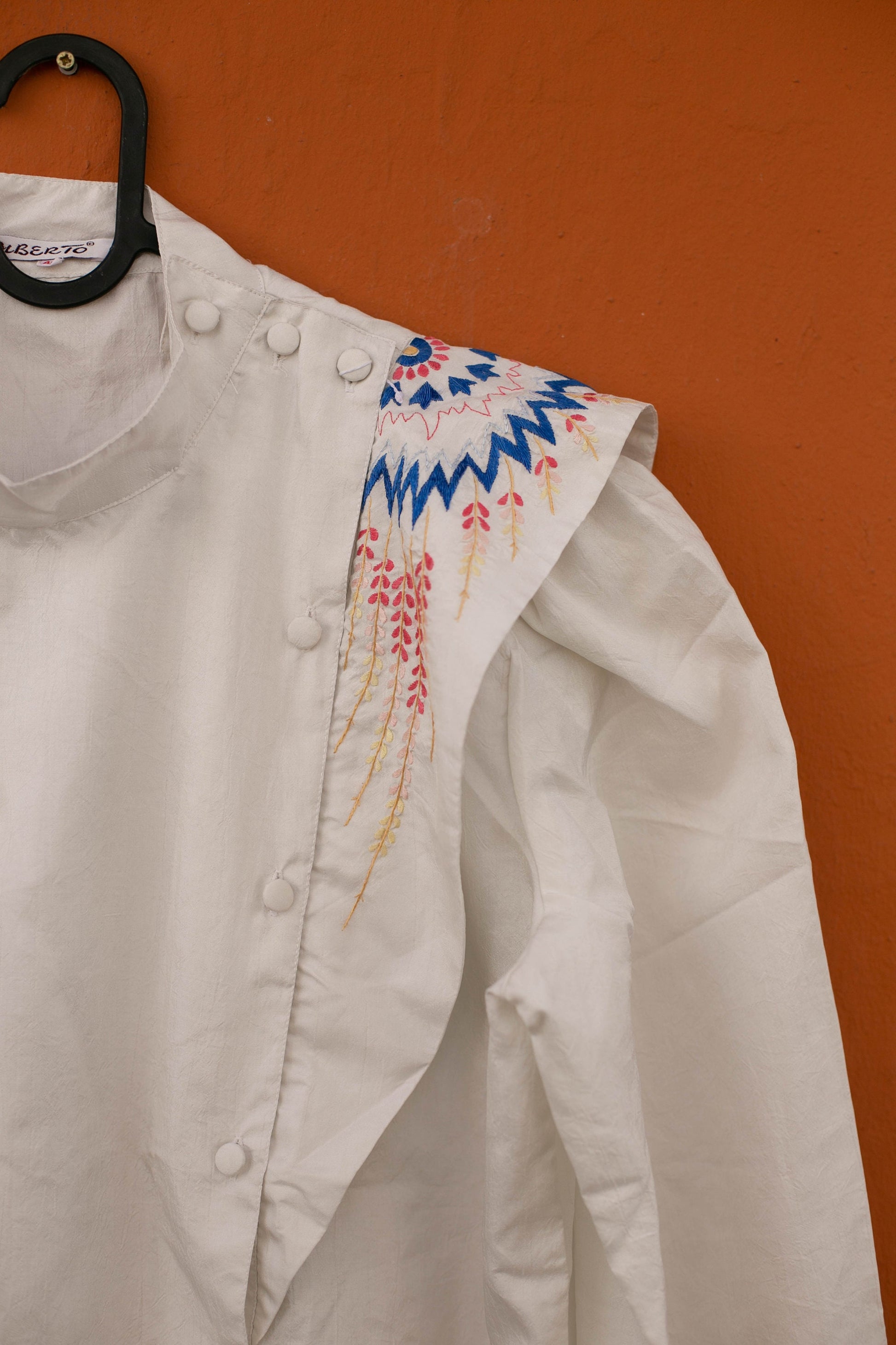 80s vintage woman blouse with shoulders, Bohemian Embroidered Blouse, Statement piece button up top, Vintage woman clothing