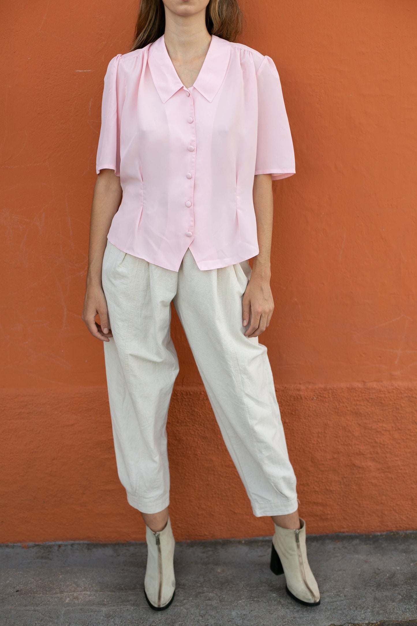 Vintage lightweight pink woman blouse, Playful 60s top, Vintage summer shirt, Women’s size L (EU 40 / US 10).