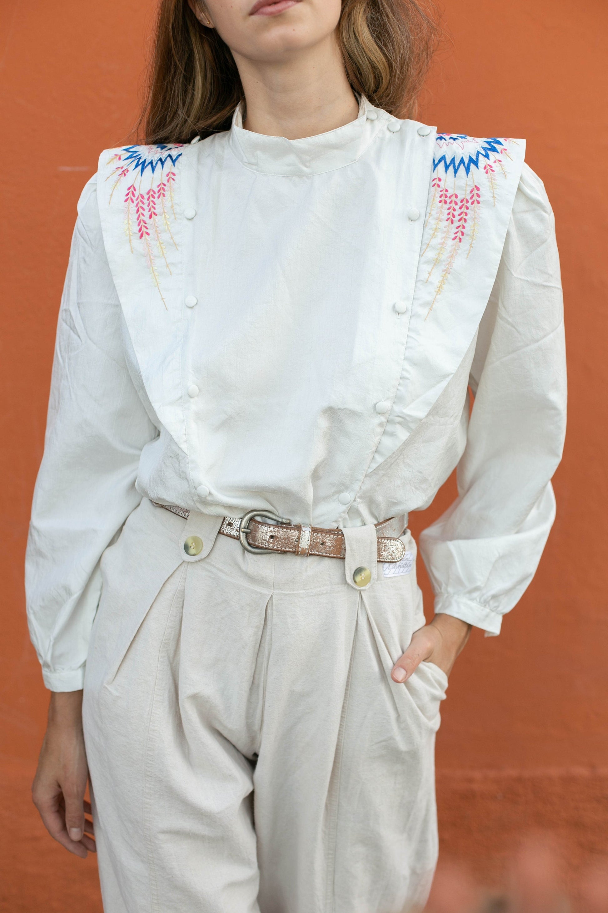 80s vintage woman blouse with shoulders, Bohemian Embroidered Blouse, Statement piece button up top, Vintage woman clothing