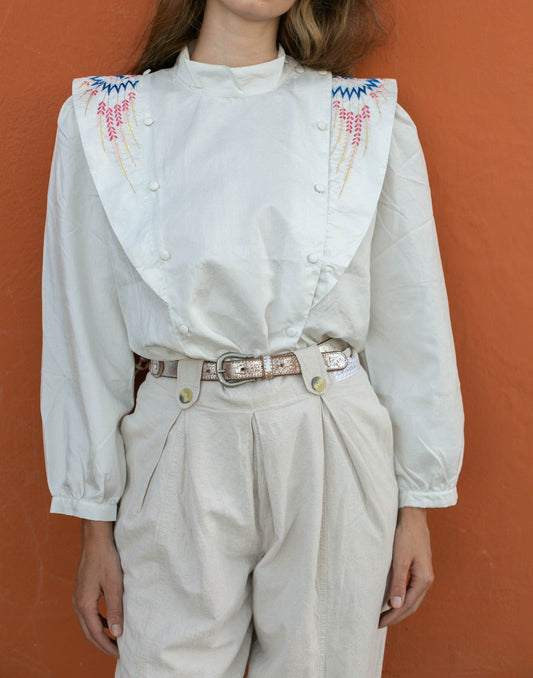 80s vintage woman blouse with shoulders, Bohemian Embroidered Blouse, Statement piece button up top, Vintage woman clothing