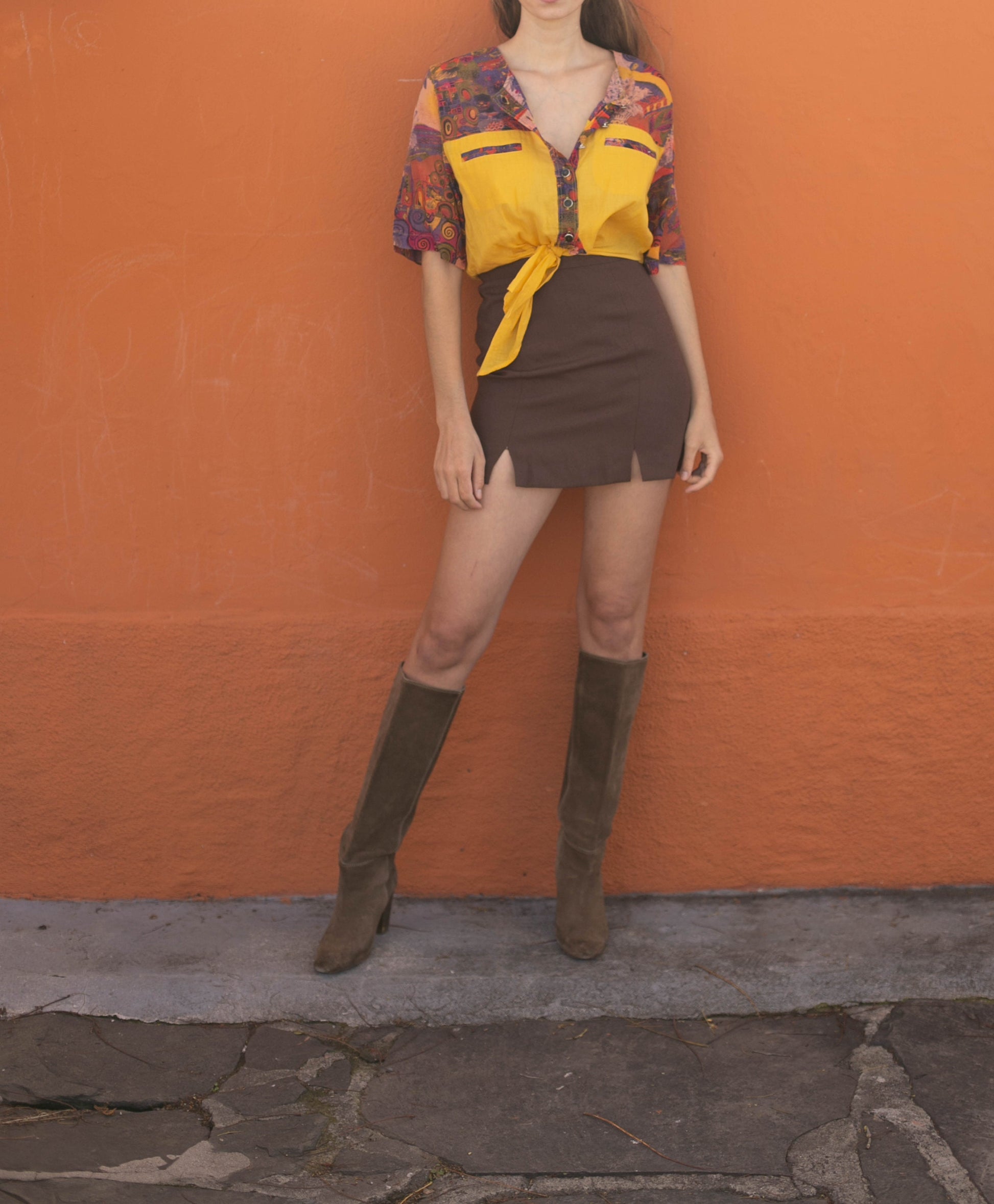 Yellow vintage cotton crop top, Knot tied vibrant blouse, Cute retro shirt,